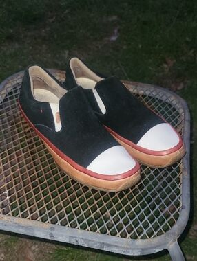 Fossil Black Suede Slip-On Loafers with White Toe Cap and Red Trim
